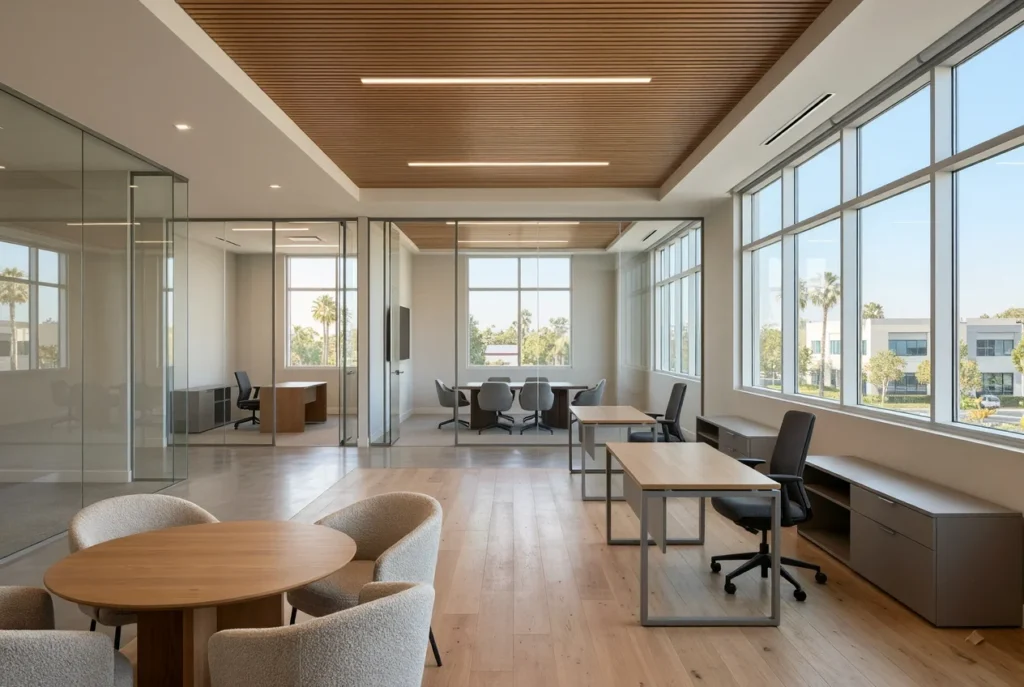 Finished modern commercial office interior with glass partitions and natural light in Orange County