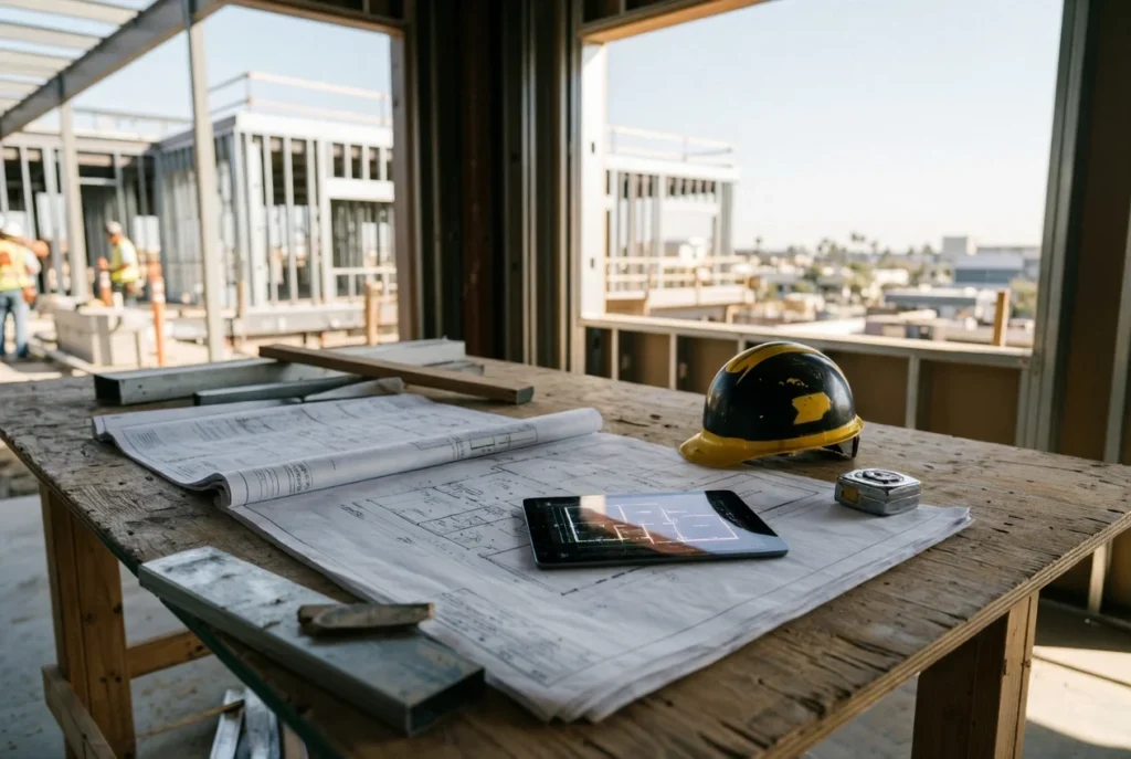 Architectural floor plans and permit drawings laid out for a commercial tenant improvement project