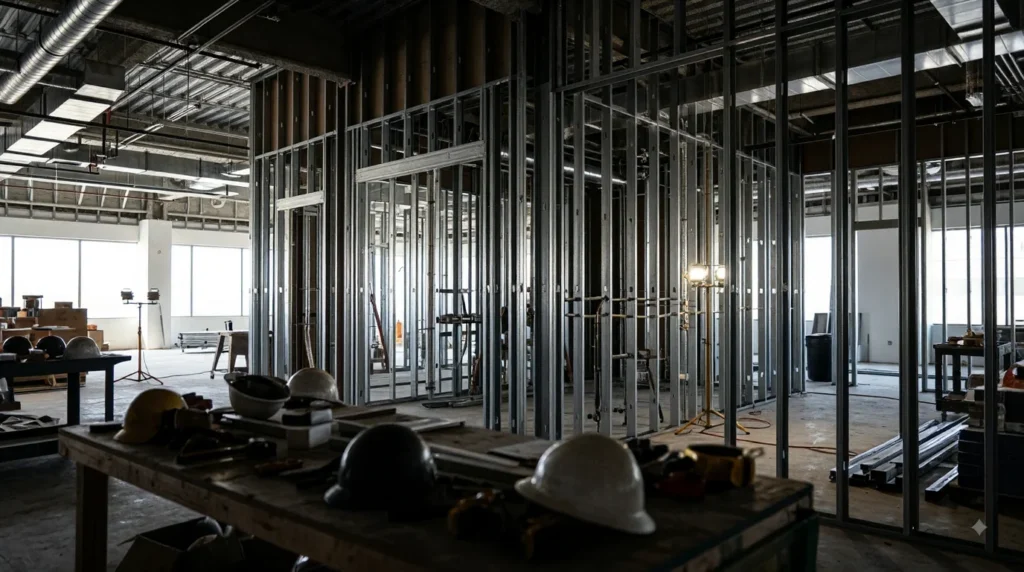 Structural framing and system rough-in work during a commercial tenant improvement project