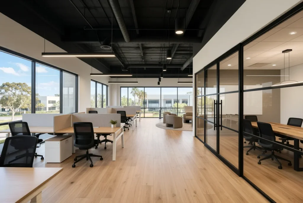 Completed office tenant improvement space with modern finishes and natural light in Orange County