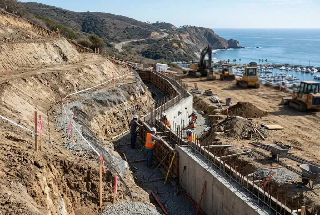 Grading and retaining wall construction on a hillside lot in Dana Point, California