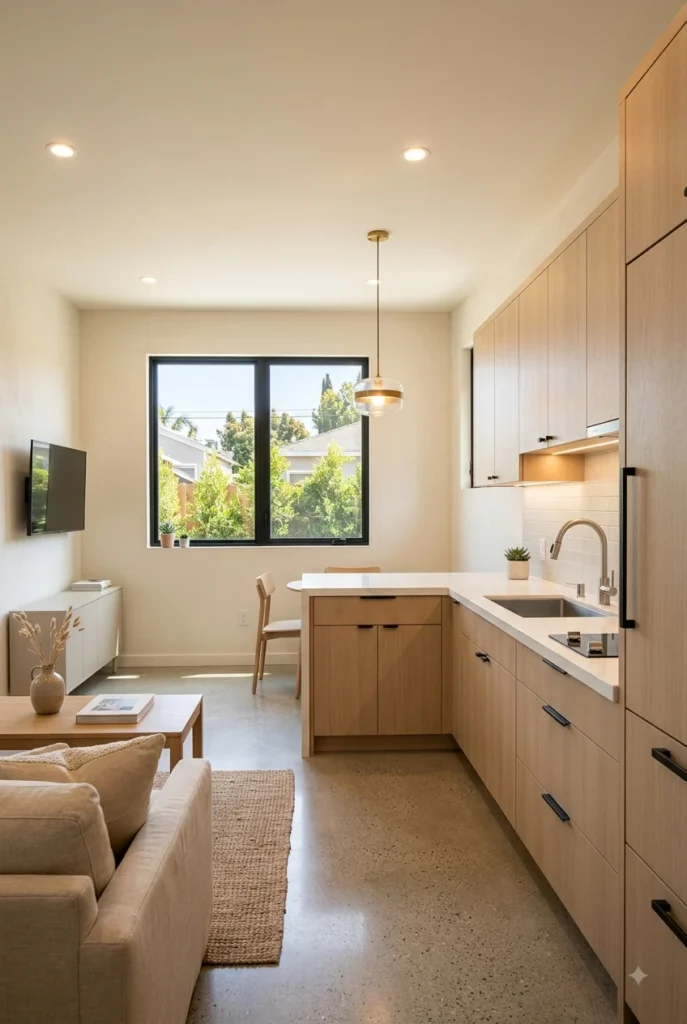 Finished interior of an accessory dwelling unit with kitchen and living space in Orange County, California