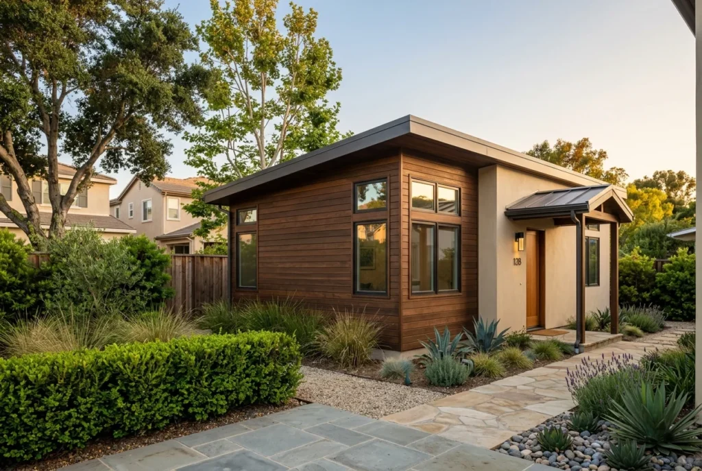 Finished modern accessory dwelling unit in a backyard in Orange County, California