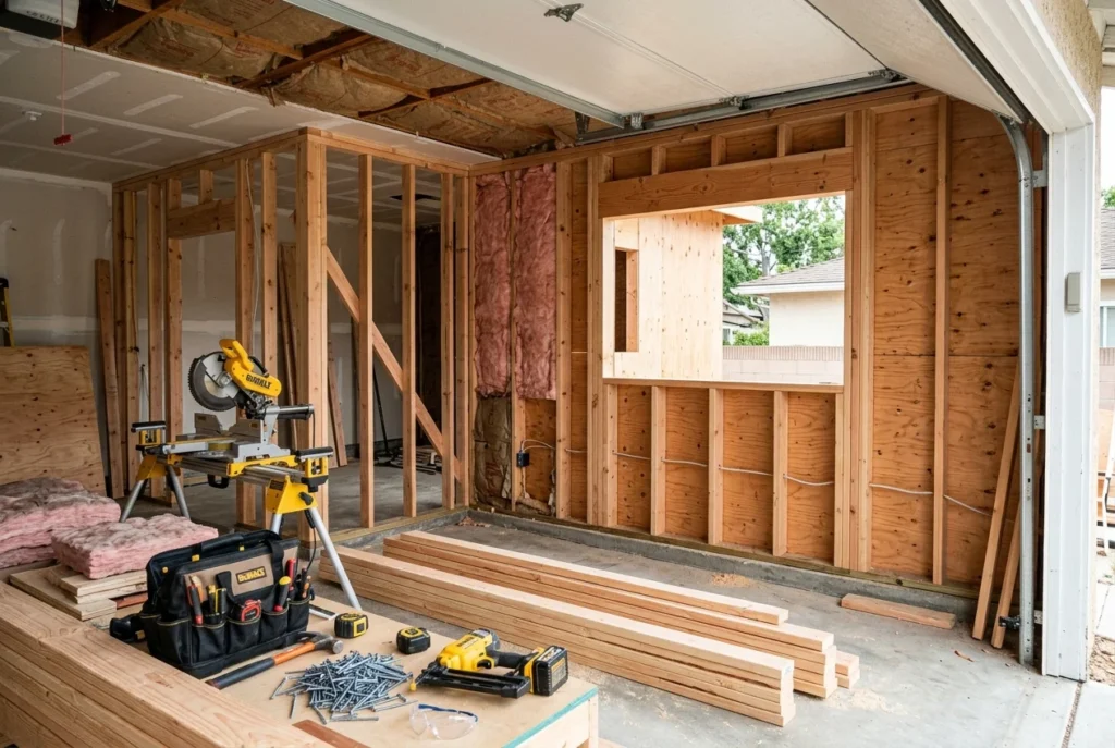 Garage being converted into an accessory dwelling unit in Orange County, California