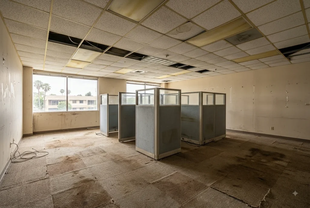 Dated commercial office suite with worn finishes in need of a tenant improvement build-out